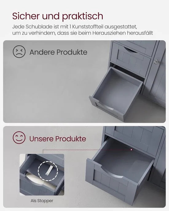 Furnstar - Badkamerkast - Smalle badkamerkast - Bijzetkast - Commode met 4 laden - Met kastdeur en verstelbare plank - Voor woonkamer keuken hal - Diep en vrijstaand - Grijs
