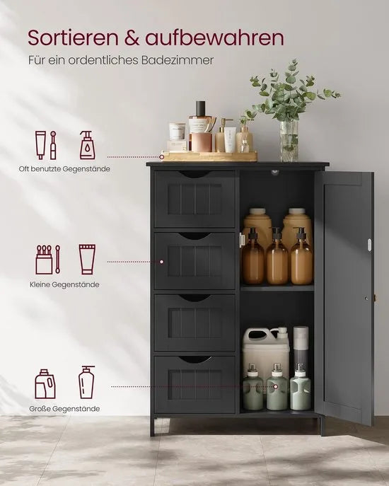 Furnstar - Badkamerkast - Smalle badkamerkast - Bijzetkast - Commode met 4 laden - Met kastdeur en verstelbare plank - 30 x 55 x 82 cm - Inktzwart