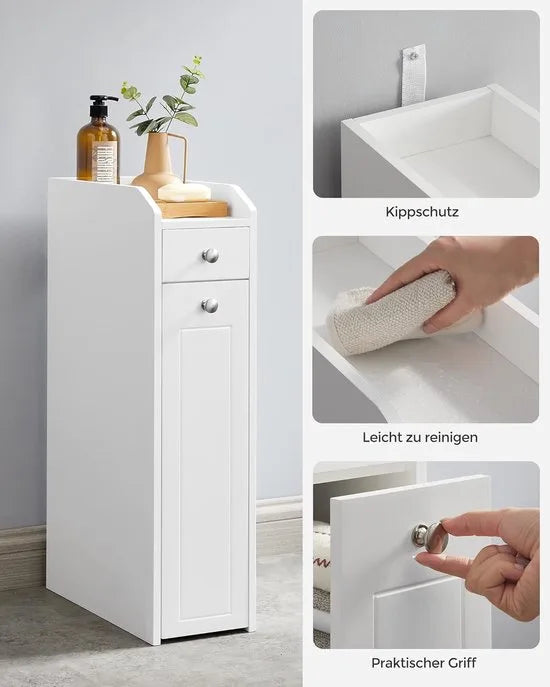 Furnstar Badkamerkast – Smalle Kast met Laden – Staande Toiletkast voor Toiletpapier & Opbergruimte – Voor Kleine Ruimtes – Wit – BBC847P31
