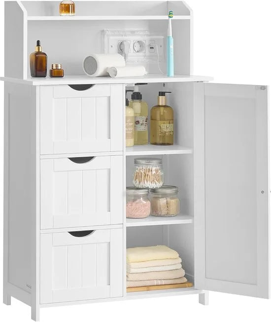 Furnstar Badkamerkast Staand – Met Deur, Laden & Stopcontact – Opbergkast voor Toiletpapier – Verstelbare Planken – 30 x 60 x 100 cm – Wolkenwit