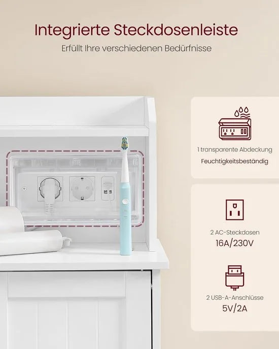 Furnstar Badkamerkast Staand – Met Deur, Laden & Stopcontact – Opbergkast voor Toiletpapier – Verstelbare Planken – 30 x 60 x 100 cm – Wolkenwit