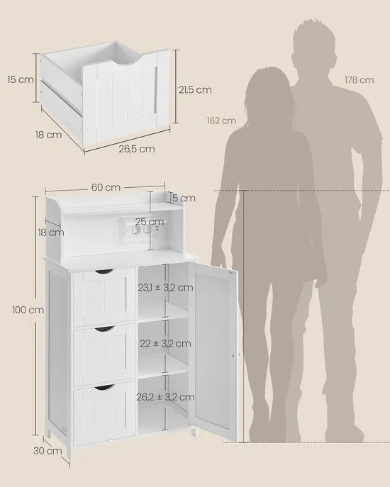 Furnstar Badkamerkast Staand – Met Deur, Laden & Stopcontact – Opbergkast voor Toiletpapier – Verstelbare Planken – 30 x 60 x 100 cm – Wolkenwit