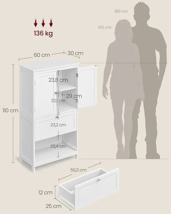 Furnstar Badkamerkast Staand – Opbergkast met 2 Lades en 2 Deuren – Verstelbare Plank – Vrijstaand – 30 x 60 x 110 cm – Wit