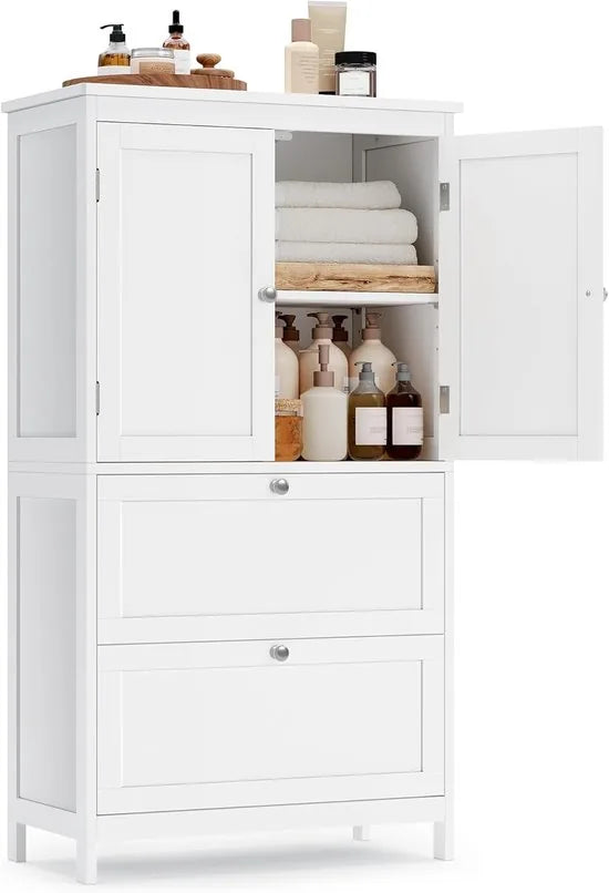 Furnstar Badkamerkast Staand – Opbergkast met 2 Lades en 2 Deuren – Verstelbare Plank – Vrijstaand – 30 x 60 x 110 cm – Wit