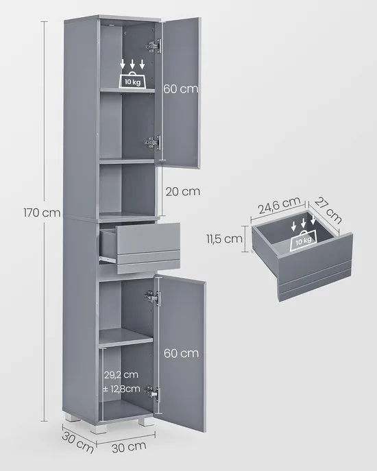 Furnstar Badkamerkast Vrijstaand – Badkamermeubel met Lade, Open Vak en Verstelbare Planken – 30 x 30 x 170 cm – Mystiek Grijs