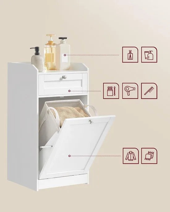 FurnStar Badkamermeubel met Wasmand – Opbergkast met Lade & Afneembare Waszak – 40 x 40 x 80,2 cm – Wolkenwit