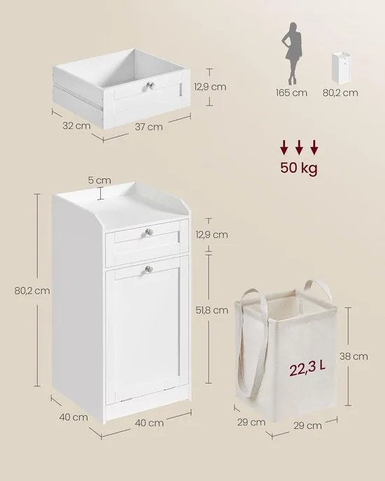 FurnStar Badkamermeubel met Wasmand – Opbergkast met Lade & Afneembare Waszak – 40 x 40 x 80,2 cm – Wolkenwit