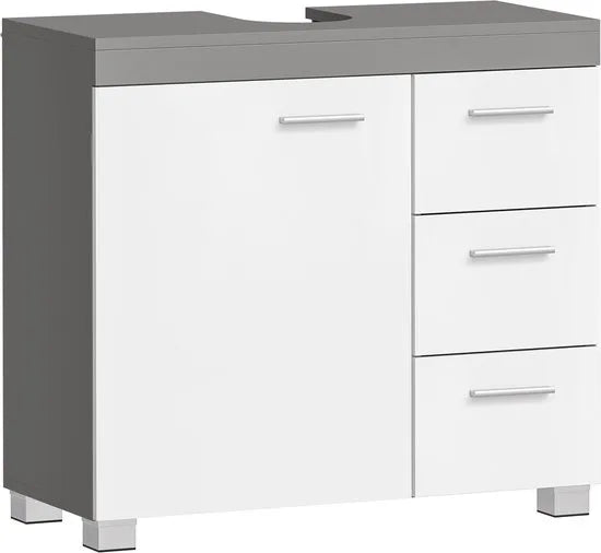 Furnstar Badkamermeubel Onderkast – Met Wastafeluitsparing – 3 Lades & Kastdeur – Verstelbare Plank – Met Poten – Wit/Cementgrijs – 70 cm