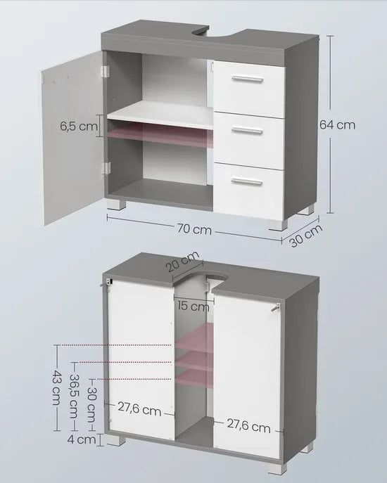 Furnstar Badkamermeubel Onderkast – Met Wastafeluitsparing – 3 Lades & Kastdeur – Verstelbare Plank – Met Poten – Wit/Cementgrijs – 70 cm