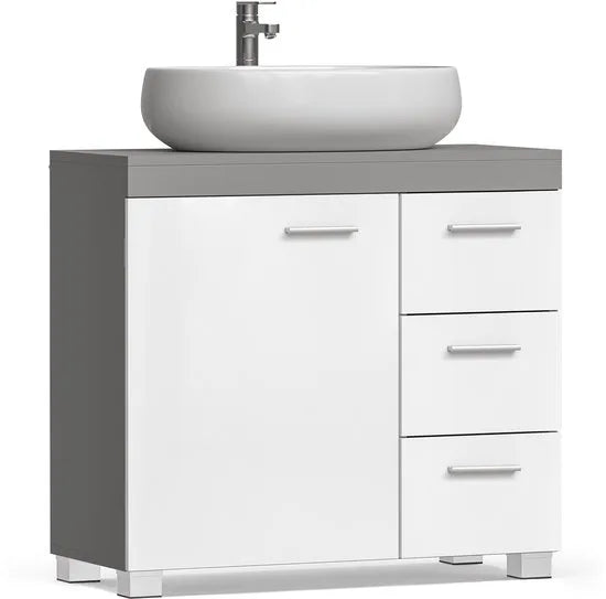 Furnstar Badkamermeubel Onderkast – Met Wastafeluitsparing – 3 Lades & Kastdeur – Verstelbare Plank – Met Poten – Wit/Cementgrijs – 70 cm