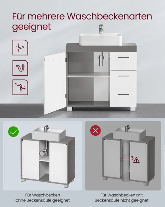 Furnstar Badkamermeubel Onderkast – Met Wastafeluitsparing – 3 Lades & Kastdeur – Verstelbare Plank – Met Poten – Wit/Cementgrijs – 70 cm