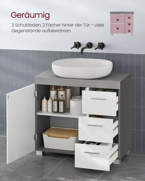 Furnstar Badkamermeubel Onderkast – Met Wastafeluitsparing – 3 Lades & Kastdeur – Verstelbare Plank – Met Poten – Wit/Cementgrijs – 70 cm