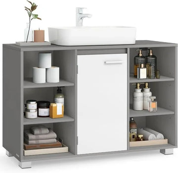 Furnstar Badkamermeubel – Opbergkast met Verstelbare Planken & Poten – 30 x 90 x 60 cm – Duifgrijs & Wolkenwit