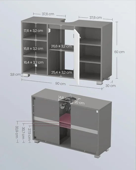 Furnstar Badkamermeubel – Opbergkast met Verstelbare Planken & Poten – 30 x 90 x 60 cm – Duifgrijs & Wolkenwit