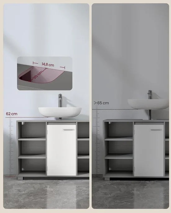 Furnstar Badkamermeubel – Opbergkast met Verstelbare Planken & Poten – 30 x 90 x 60 cm – Duifgrijs & Wolkenwit