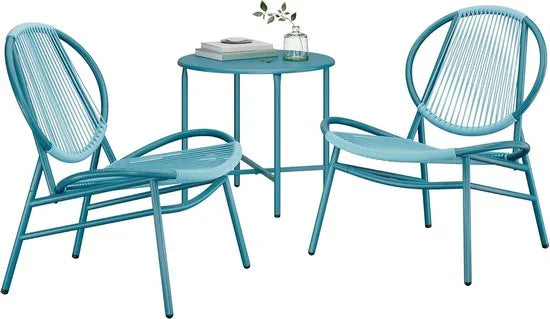 FurnStar - Balkonmeubelen Set - 3-delige Tuinmeubelset - PE-Polyrotan - Tafel + 2 Stoelen - Voor Terras, Tuin, Balkon - Inktzwart – Zeeblauw