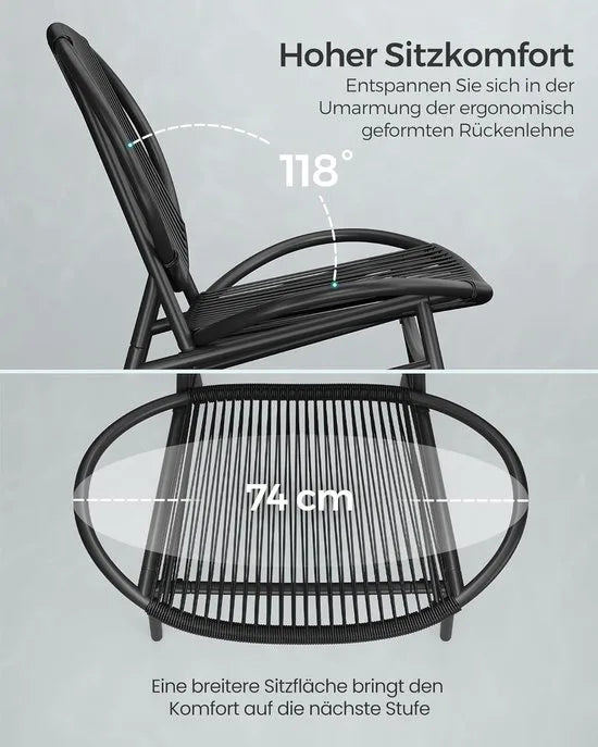 FurnStar - Balkonmeubelen Set - 3-delige Tuinmeubelset - PE-Polyrotan - Tafel + 2 Stoelen - Voor Terras, Tuin, Balkon - Inktzwart