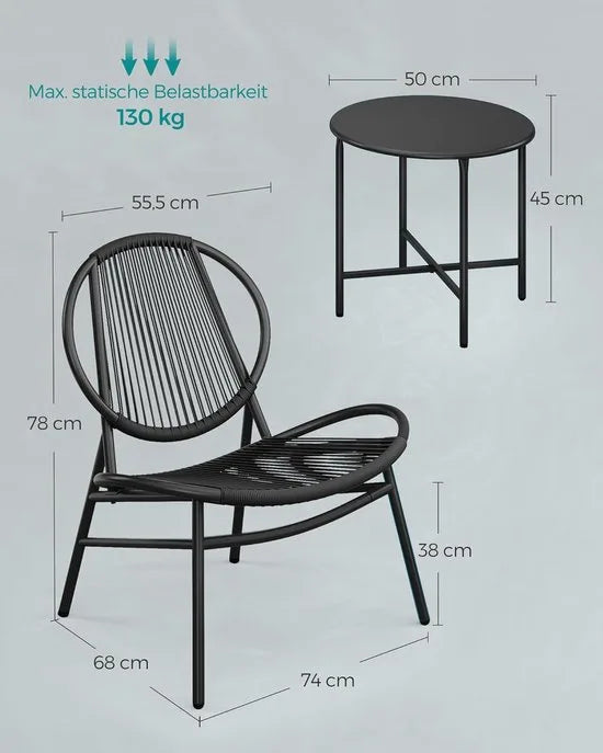 FurnStar - Balkonmeubelen Set - 3-delige Tuinmeubelset - PE-Polyrotan - Tafel + 2 Stoelen - Voor Terras, Tuin, Balkon - Inktzwart