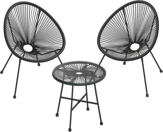 FurnStar - Balkonmeubels - 3-delige Tuinmeubelset - Zitgroep - Glazen Tafeloppervlak - 2 Stoelen - Binnen en Buiten - Zwart