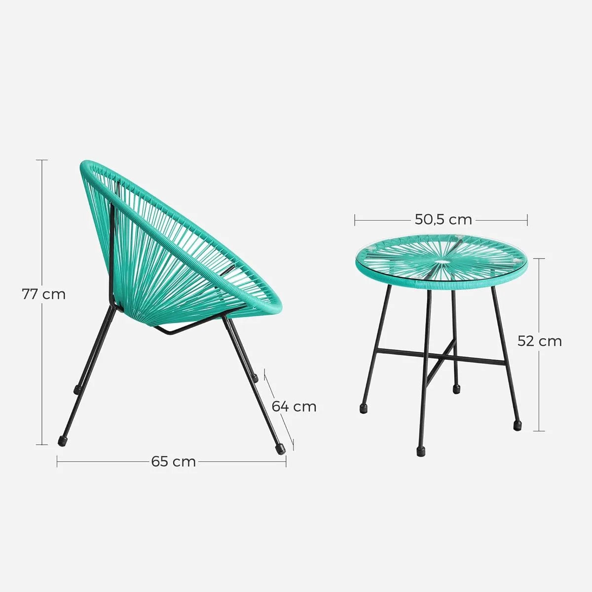 FurnStar - Balkonmeubels - 3-delige Tuinmeubelset - Zitgroep - Glazen Tafeloppervlak - 2 Stoelen - Binnen en Buiten - Zwart – Turquoise