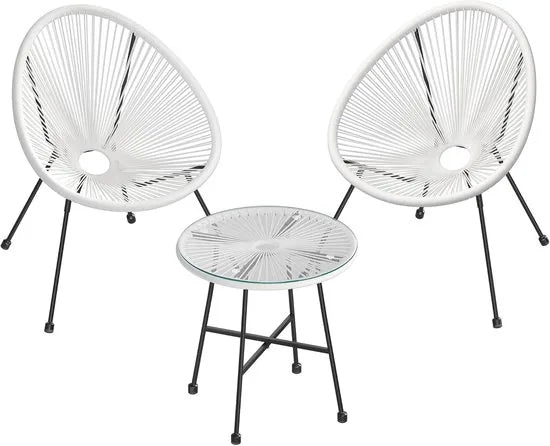 FurnStar - Balkonmeubels - Tuinmeubelset - Set van 3 - Zitgroep - Glazen Tafeloppervlak - 2 Stoelen - Binnen en Buiten - Wit