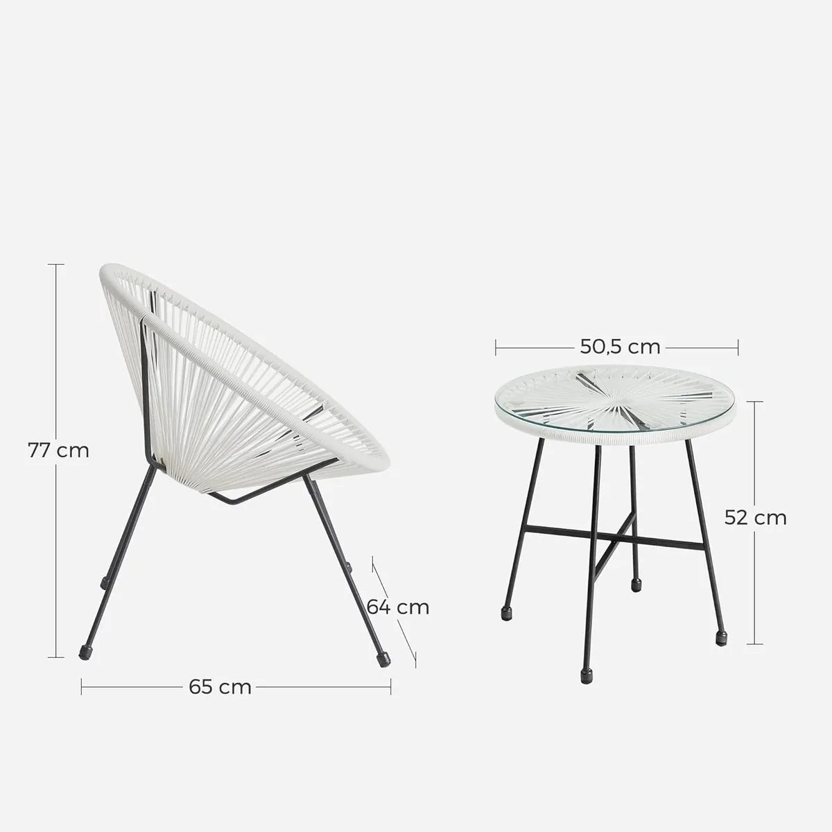 FurnStar - Balkonmeubels - Tuinmeubelset - Set van 3 - Zitgroep - Glazen Tafeloppervlak - 2 Stoelen - Binnen en Buiten - Wit