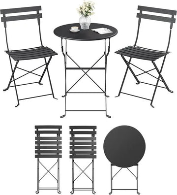 Furnstar Balkonmeubelset – Tuinmeubelset - Terrasmeubel -3-delig – Inklapbaar – Tafel + 2 Stoelen – Weerbestendig – Inktzwart