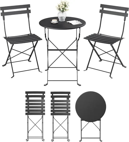 Furnstar Balkonmeubelset – Tuinmeubelset - Terrasmeubel -3-delig – Inklapbaar – Tafel + 2 Stoelen – Weerbestendig – Inktzwart