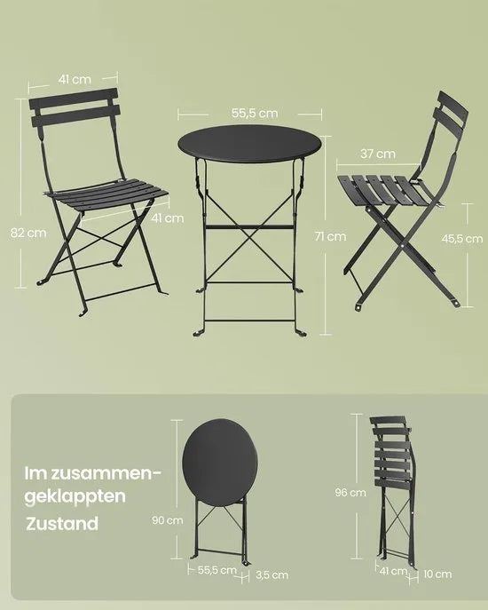 Furnstar Balkonmeubelset – Tuinmeubelset - Terrasmeubel -3-delig – Inklapbaar – Tafel + 2 Stoelen – Weerbestendig – Inktzwart