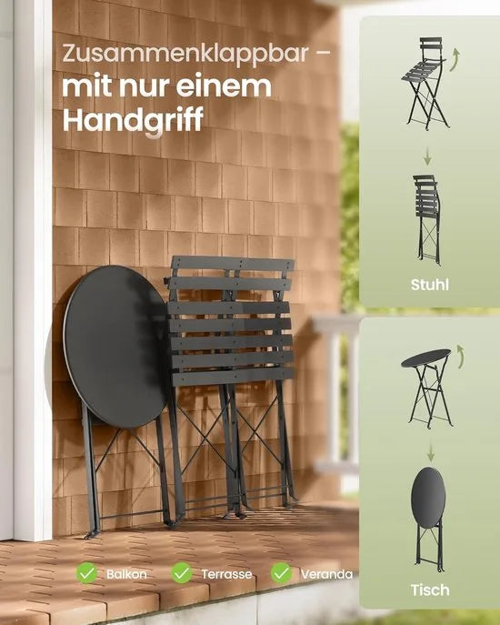 Furnstar Balkonmeubelset – Tuinmeubelset - Terrasmeubel -3-delig – Inklapbaar – Tafel + 2 Stoelen – Weerbestendig – Inktzwart