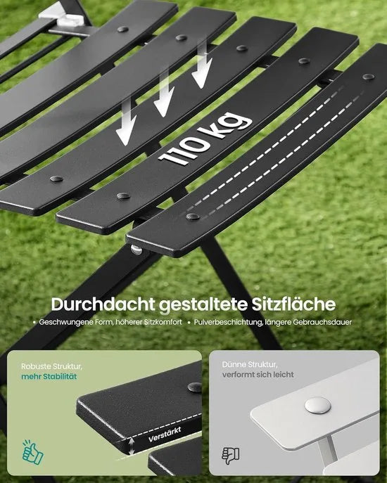 Furnstar Balkonmeubelset – Tuinmeubelset - Terrasmeubel -3-delig – Inklapbaar – Tafel + 2 Stoelen – Weerbestendig – Inktzwart