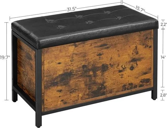 FurnStar - Bank met opbergruimte - Gestoffeerde Zitkist - Bedkast - Voor hal slaapkamer woonkamer - Metaal - Eenvoudige constructie - Industrieel ontwerp - Kunstleder - Vintage bruin-zwart