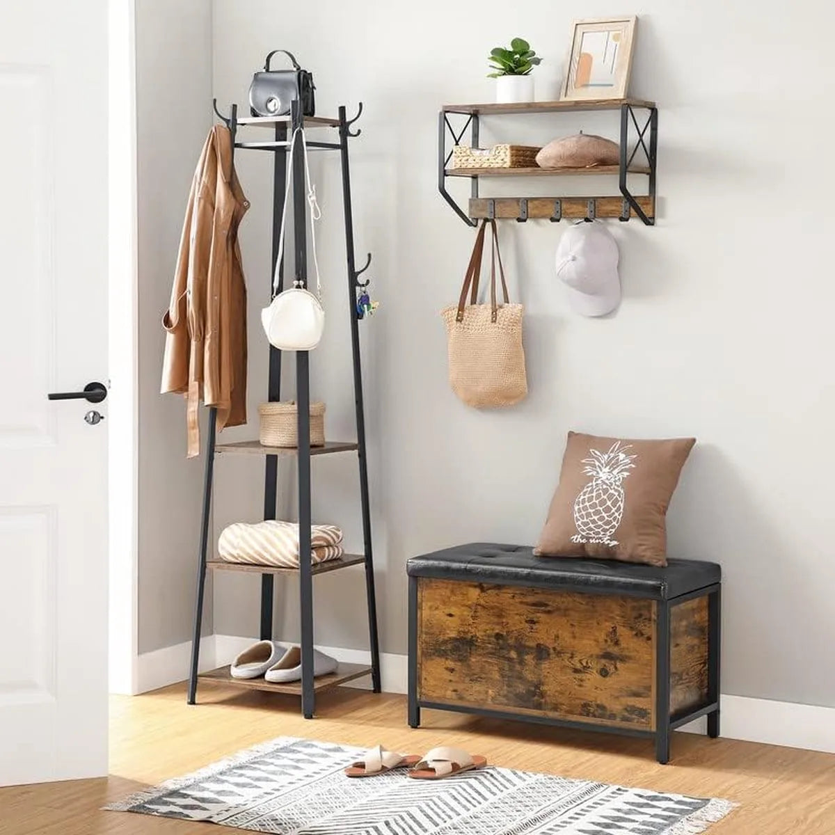 FurnStar - Bank met opbergruimte - Gestoffeerde Zitkist - Bedkast - Voor hal slaapkamer woonkamer - Metaal - Eenvoudige constructie - Industrieel ontwerp - Kunstleder - Vintage bruin-zwart