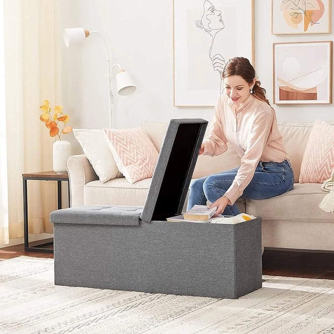 FurnStar - Bank met opbergruimte - Opvouwbare zitkist - Opbergkist - 38 x 110 x 38 cm - Deksel opvouwbaar - Belastbaar tot 300 kg - voor hal - woonkamer - slaapkamer - asgrijs