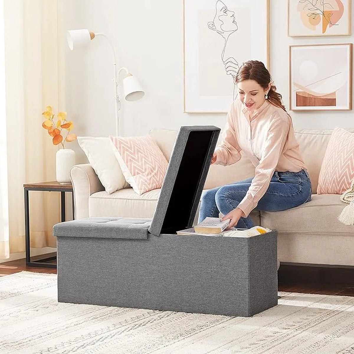 FurnStar - Bank met opbergruimte - Opvouwbare zitkist - Opbergkist - 38 x 110 x 38 cm - Deksel opvouwbaar - Belastbaar tot 300 kg - voor hal - woonkamer - slaapkamer - asgrijs
