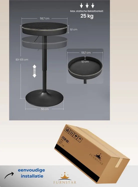 Furnstar - Bar Tafel - In Hoogte Verstelbaar - Kleine Tafel met Opbergruimte - Kunstleer - Naden - Mid-Century-Moderne Stijl - Keuken - Huisbar - Woonkamer - Zwart