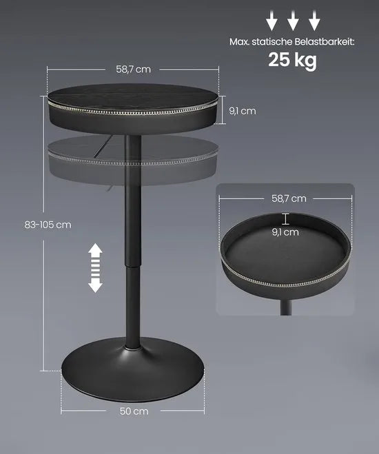 Furnstar - Bar Tafel - In Hoogte Verstelbaar - Kleine Tafel met Opbergruimte - Kunstleer - Naden - Mid-Century-Moderne Stijl - Keuken - Huisbar - Woonkamer - Zwart