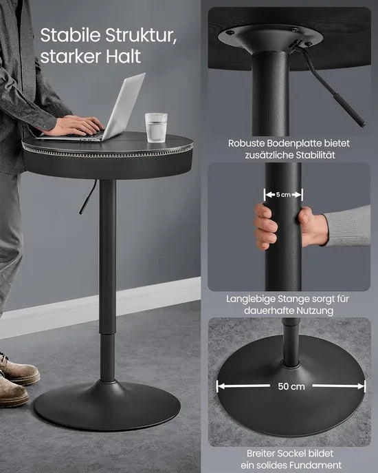 Furnstar - Bar Tafel - In Hoogte Verstelbaar - Kleine Tafel met Opbergruimte - Kunstleer - Naden - Mid-Century-Moderne Stijl - Keuken - Huisbar - Woonkamer - Zwart