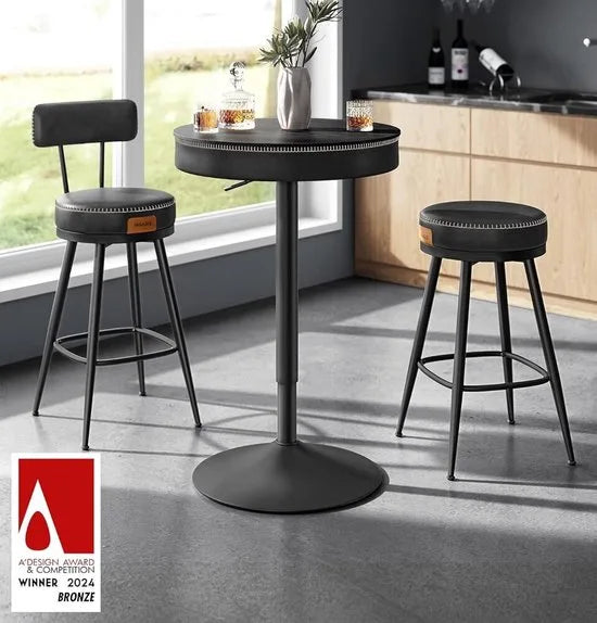 Furnstar - Bar Tafel - In Hoogte Verstelbaar - Kleine Tafel met Opbergruimte - Kunstleer - Naden - Mid-Century-Moderne Stijl - Keuken - Huisbar - Woonkamer - Zwart