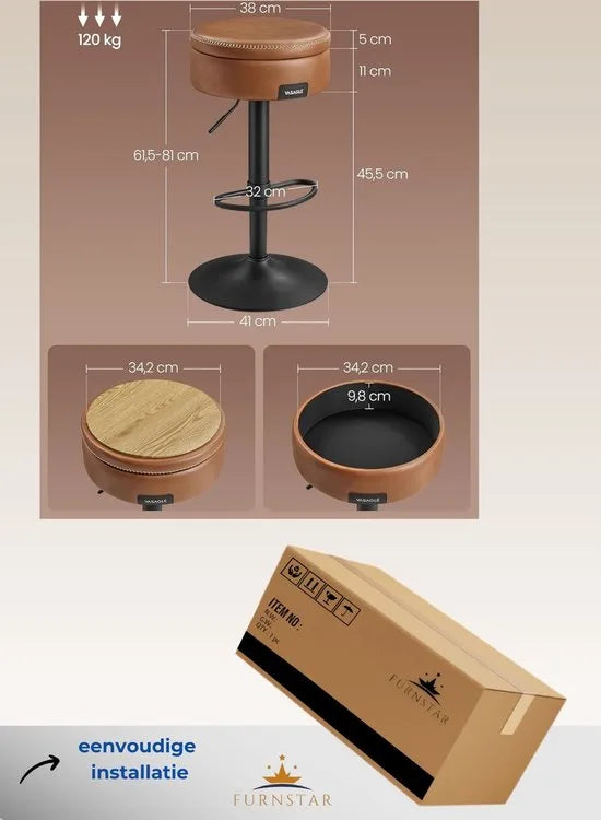 FurnStar - Barkruk - 360° draaibare barkruk - in hoogte verstelbare barstoel - met opbergruimte - kunstleer - naden - mid-century-moderne stijl - keuken - huisbar - eenvoudige montage - Karamelbruin