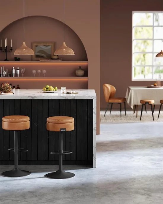 FurnStar - Barkruk - 360° draaibare barkruk - in hoogte verstelbare barstoel - met opbergruimte - kunstleer - naden - mid-century-moderne stijl - keuken - huisbar - eenvoudige montage - Karamelbruin
