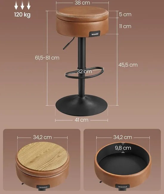FurnStar - Barkruk - 360° Draaibare Barkruk - In Hoogte Verstelbare Barstoel - Met Opbergruimte - Kunstleer - Naden - Mid-Century Moderne Stijl - Keuken - Huisbar - Eenvoudige Montage - Inktzwart – Karamelbruin