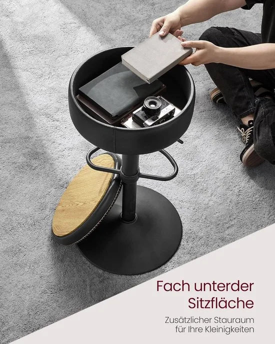 FurnStar - Barkruk - 360° Draaibare Barkruk - In Hoogte Verstelbare Barstoel - Met Opbergruimte - Kunstleer - Naden - Mid-Century Moderne Stijl - Keuken - Huisbar - Eenvoudige Montage - Inktzwart