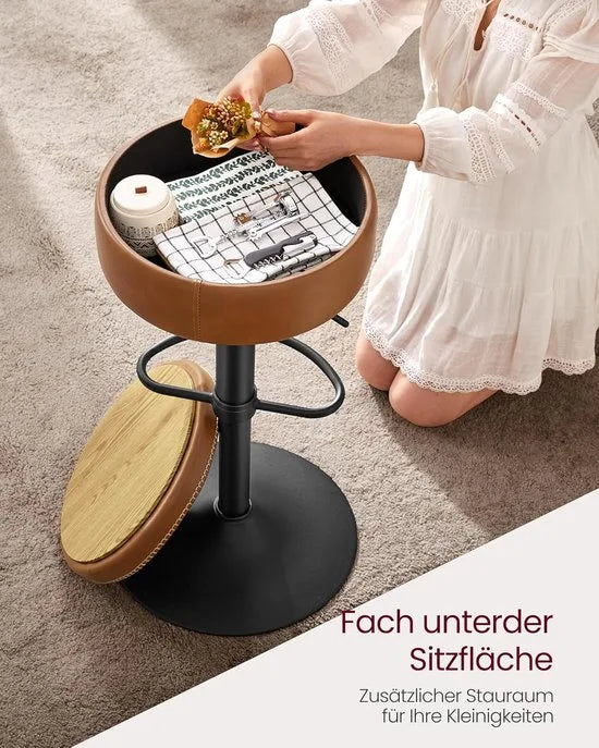 FurnStar - Barkruk - 360° draaibare barkruk - in hoogte verstelbare barstoel - met opbergruimte - kunstleer - naden - mid-century-moderne stijl - keuken - huisbar - eenvoudige montage - Karamelbruin