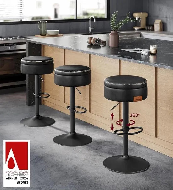 FurnStar - Barkruk - 360° Draaibare Barkruk - In Hoogte Verstelbare Barstoel - Met Opbergruimte - Kunstleer - Naden - Mid-Century Moderne Stijl - Keuken - Huisbar - Eenvoudige Montage - Inktzwart