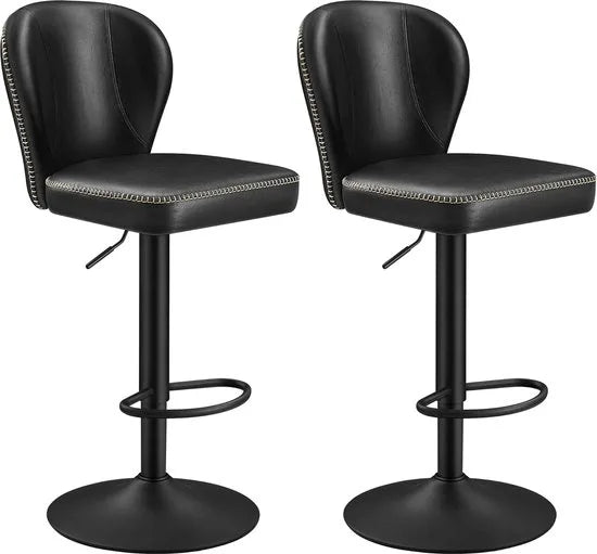 FurnStar - Barkruk - 360° Draaibare Barkruk - Set van 2 - In Hoogte Verstelbare Barstoel met Rugleuning - Kunstleer - Naden - Mid-Century Moderne Stijl - Keuken - Huisbar - Eenvoudige Montage - Zwart