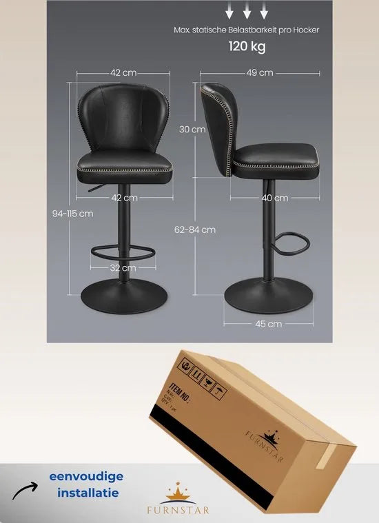 FurnStar - Barkruk - 360° Draaibare Barkruk - Set van 2 - In Hoogte Verstelbare Barstoel met Rugleuning - Kunstleer - Naden - Mid-Century Moderne Stijl - Keuken - Huisbar - Eenvoudige Montage - Zwart