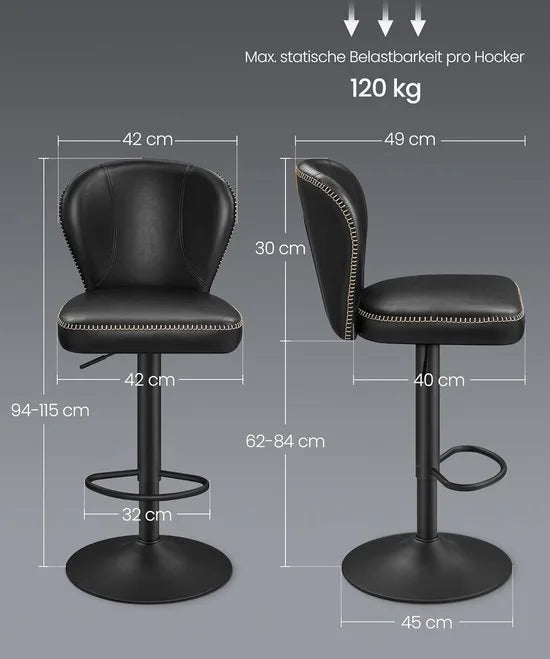 FurnStar - Barkruk - 360° Draaibare Barkruk - Set van 2 - In Hoogte Verstelbare Barstoel met Rugleuning - Kunstleer - Naden - Mid-Century Moderne Stijl - Keuken - Huisbar - Eenvoudige Montage - Zwart