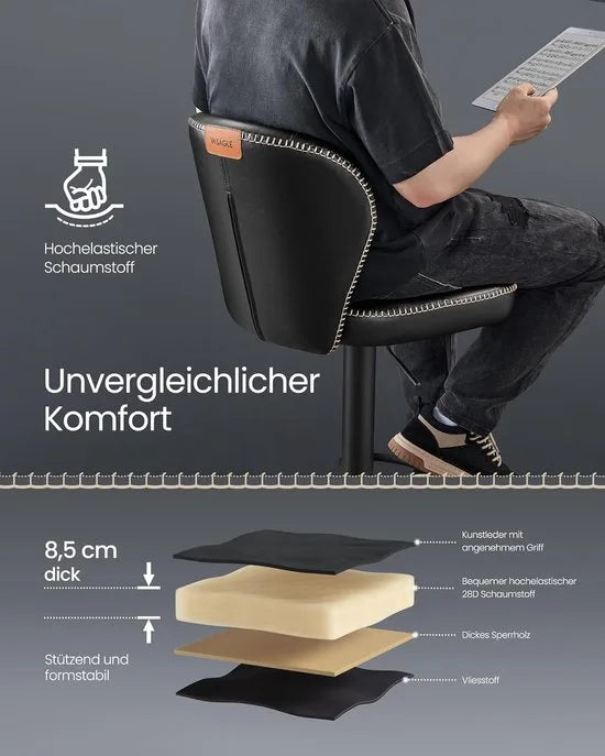 FurnStar - Barkruk - 360° Draaibare Barkruk - Set van 2 - In Hoogte Verstelbare Barstoel met Rugleuning - Kunstleer - Naden - Mid-Century Moderne Stijl - Keuken - Huisbar - Eenvoudige Montage - Zwart