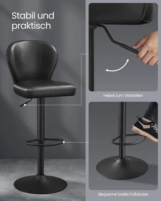 FurnStar - Barkruk - 360° Draaibare Barkruk - Set van 2 - In Hoogte Verstelbare Barstoel met Rugleuning - Kunstleer - Naden - Mid-Century Moderne Stijl - Keuken - Huisbar - Eenvoudige Montage - Zwart